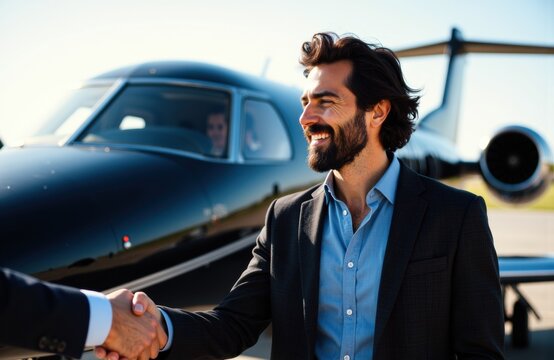 Businessman smiling and shaking hands with a client near private jet on airport tarmac