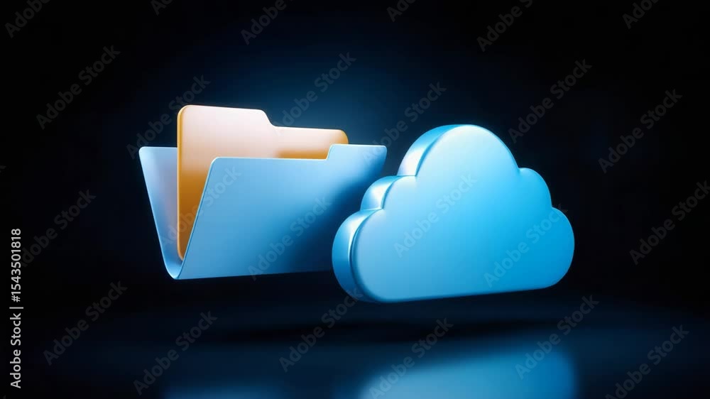 Poster cloud data storage folder icon glowing in blue and orange colors on dark background technology for d