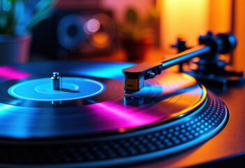 Close-up of a turntable playing vinyl records with colorful ambient lighting