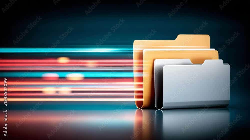 Poster cloud folder data storage technology with fast digital file transfer and glowing light streaks repre