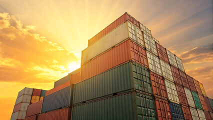 Fototapeta premium Sunset over stacked shipping containers at the port