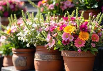 Colorful flower pots filled with vibrant pink, yellow, and white blossoms outdoors