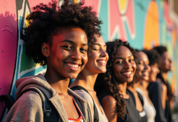 Fototapeta premium Group of diverse women smiling against a colorful mural backdrop
