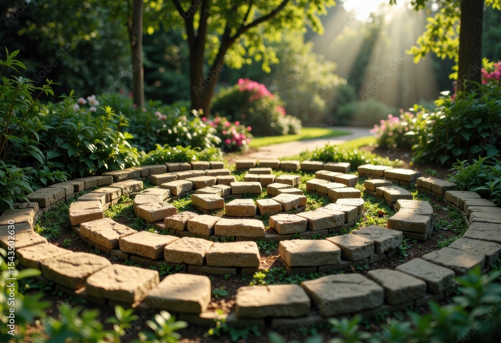 Poster sunlight filters through trees illuminating a circular brick garden path in a lush park setting