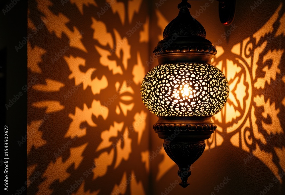 Poster ornate moroccan lantern casting intricate shadow patterns on the wall, creating a warm and inviting 