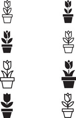 Simple black and white tulip in pot icons
