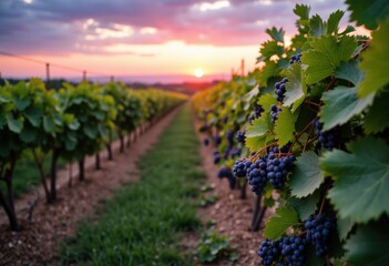 Fototapeta premium Lush vineyard at sunset with ripe grapes hanging from the vines