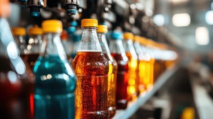 This image showcases a vibrant array of colorful beverage bottles neatly arranged on a production line, highlighting the variety of drinks being prepared for distribution.