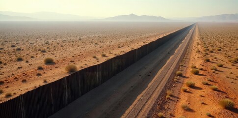 Fototapeta premium A stark, high-angle shot of a heavily fortified border wall stretching across a desolate landscape, emphasizing its imposing power and control , territory, defense, limit