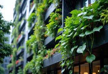 Obraz premium Modern building facade decorated with lush green climbing plants and foliage