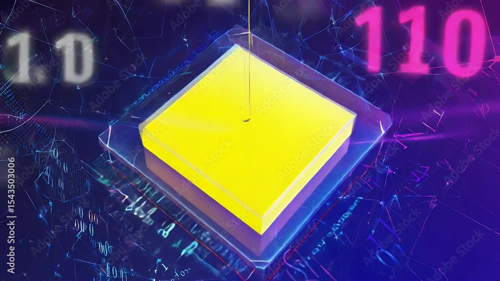Poster yellow cube on surface with streaming liquid, digital background with lines
