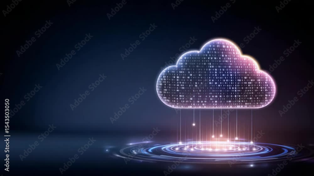Poster cloud data storage technology featuring digital binary code cloud shapes with glowing connection poi