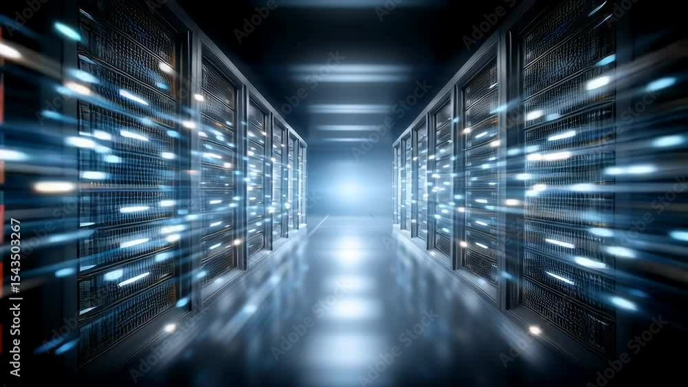 Poster cloud data storage technology with glowing server racks in futuristic digital network room emitting 