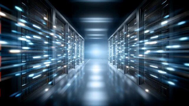 Cloud data storage technology with glowing server racks in futuristic digital network room emitting bright light beams and fast information flow