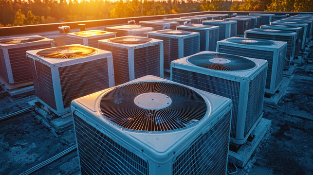 A row of air conditioning units on a rooftop at sunset.