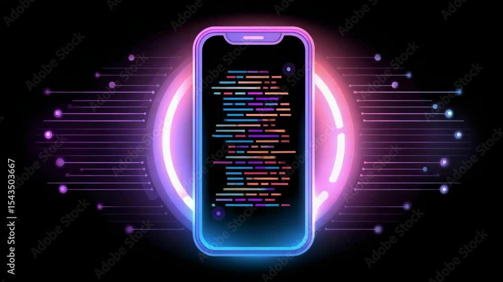 Poster smartphone glowing with neon light circle displaying colorful code and digital data flow cloud stora
