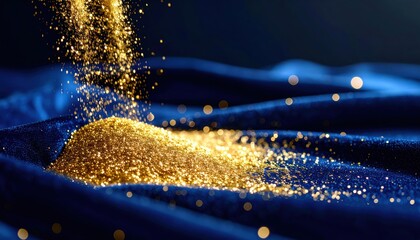 Golden Glitter Pouring on Blue Velvet: Abstract view of shimmering gold particles falling onto plush dark blue fabric. Luxury, celebration, magic, texture backdrop.
