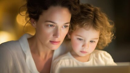Mother working from home with daughter using a tablet at a cozy desk - Powered by Adobe