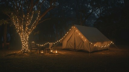 Magical camping moment with string lights and lantern glow.