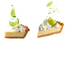 Floating Key Lime Pie Slices with Whipped Cream and Lime Garnish on Transparent Background Studio Shot