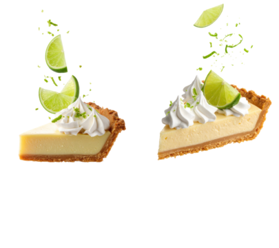 Floating Key Lime Pie Slices with Whipped Cream and Lime Garnish on Transparent Background Studio Shot