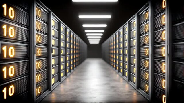 Data center corridor with glowing server racks, digital binary code, and advanced technology