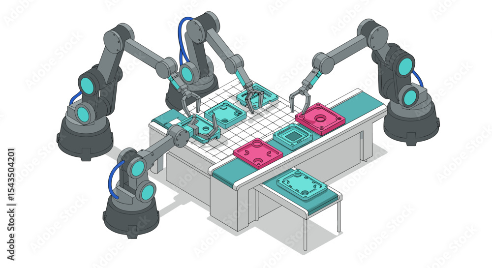 Poster automated manufacturing process with robotic arms in industrial setting isometric style vector illus