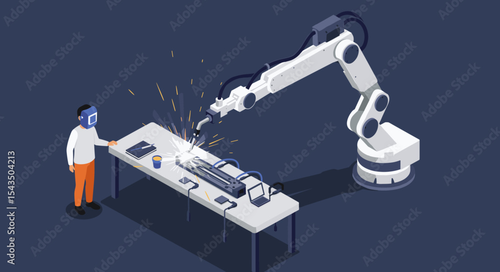 Poster industrial automation with robotic arm welding process in modern factory setting isometric style vec