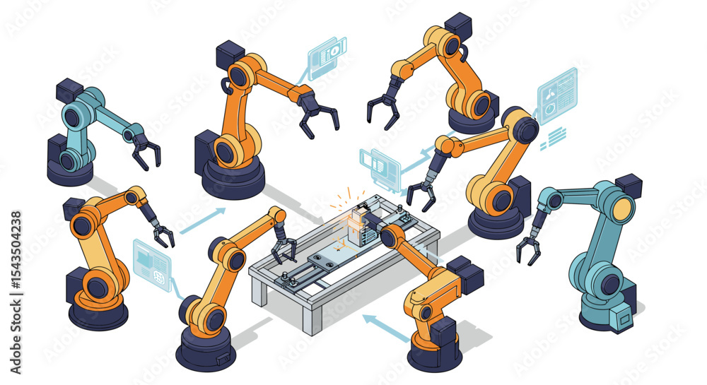 Poster industrial automation with robotic arms in a factory setting isometric style vector illustration
