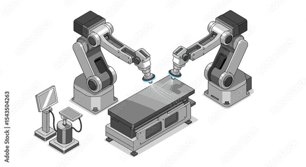 Poster industrial automation technology with robotic arms in manufacturing process isometric style vector i