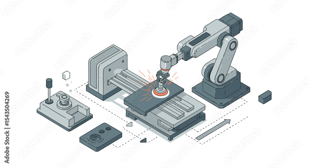Poster industrial automation technology with robotic arm and cnc machine in modern manufacturing isometric 