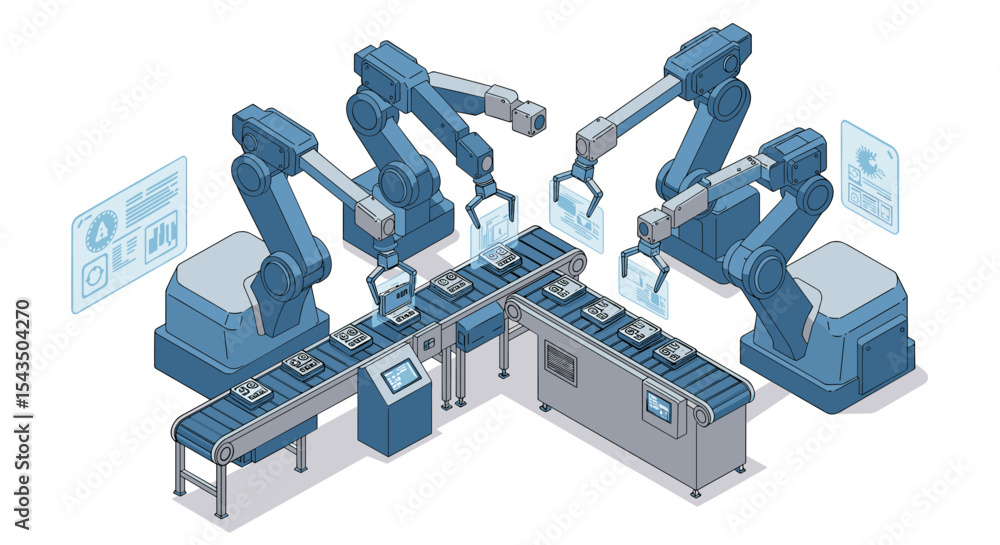 Poster futuristic robotic assembly line with advanced automation for efficient manufacturing isometric styl