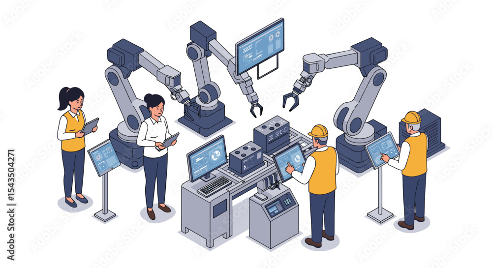 Poster robotics and automation workflow in modern industrial factory design isometric style vector illustra