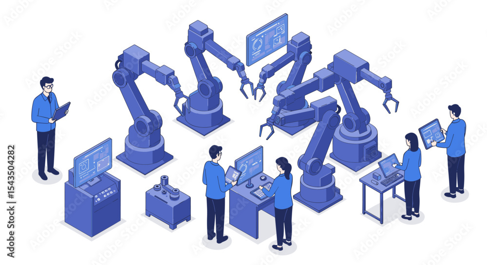 Poster advanced robotics and automation in industrial manufacturing environment isometric style vector illu