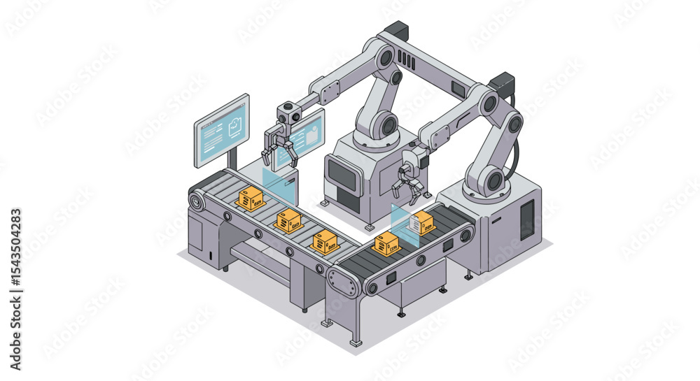 Poster robotic automation in modern package sorting facility concept for industrial innovation isometric st