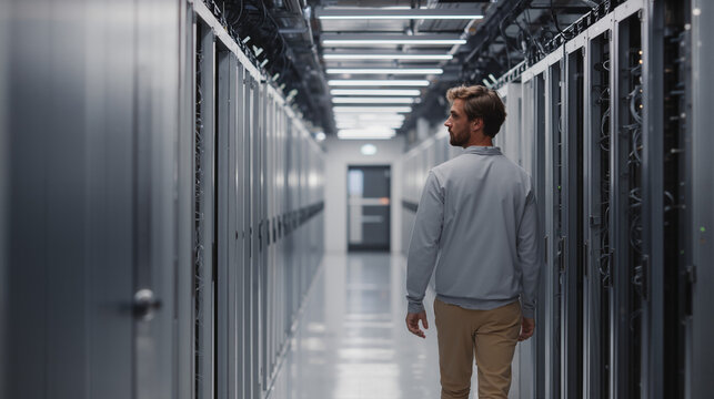 Man walking through a high-tech server room corridor, surrounded by racks of data servers in a secure and modern data center facility.
