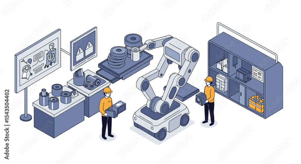 Poster modern automated manufacturing process with industrial robots and workers isometric style vector ill