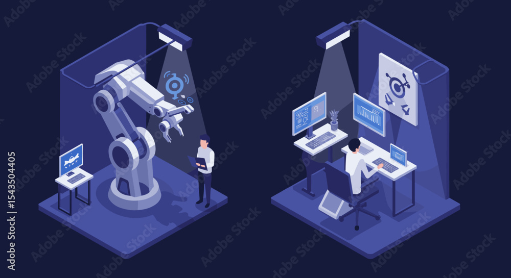 Poster futuristic robotics engineering and software development for innovative solutions isometric style ve