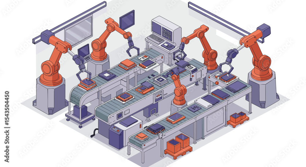 Poster automated manufacturing with industrial robotics in a modern factory setting isometric style vector 