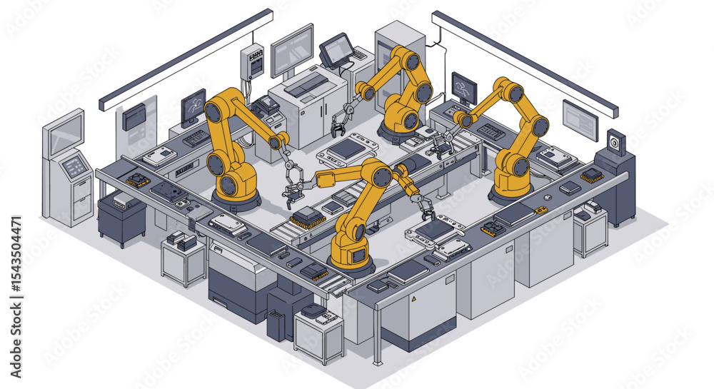 Poster automated factory with robotic arms working in a high-tech manufacturing setting isometric style vec