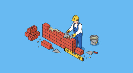Construction worker building brick wall with tools and safety gear on blue background isometric style vector illustration