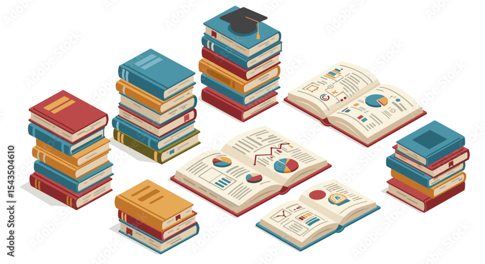 Aufkleber academic learning and data analysis with open books and graphs for educational design isometric styl