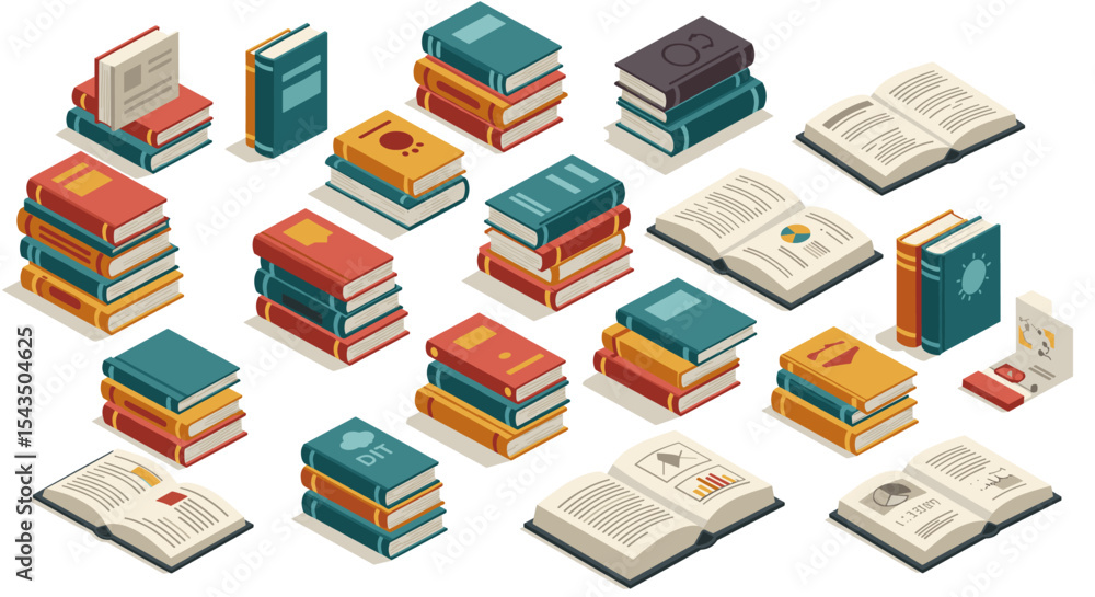 Poster colorful collection of books and open pages for education and learning design isometric style vector