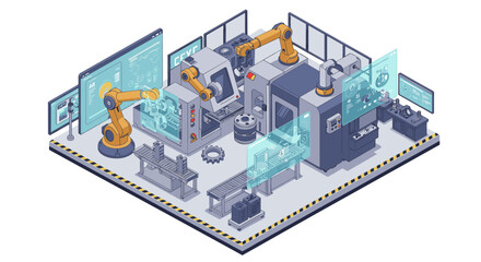 Obraz premium Futuristic automated factory with robotic arms and digital interfaces for manufacturing innovation isometric style vector illustration