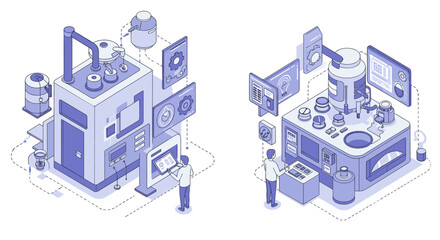 Futuristic industrial automation and smart technology in manufacturing process design isometric style vector illustration