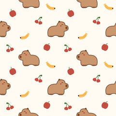 Capybara cartoon so cute. On apple cherry banana background. Pattern seamless vector illustration.  