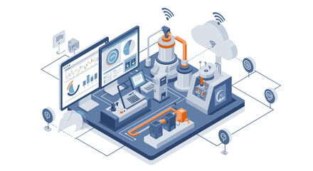 Advanced industrial automation and data integration for efficient manufacturing isometric style vector illustration
