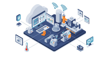 Smart factory automation with iot technology and data analytics for efficient manufacturing isometric style vector illustration