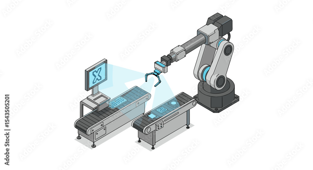 Poster futuristic robotic arm in automated factory production line design isometric style vector illustrati