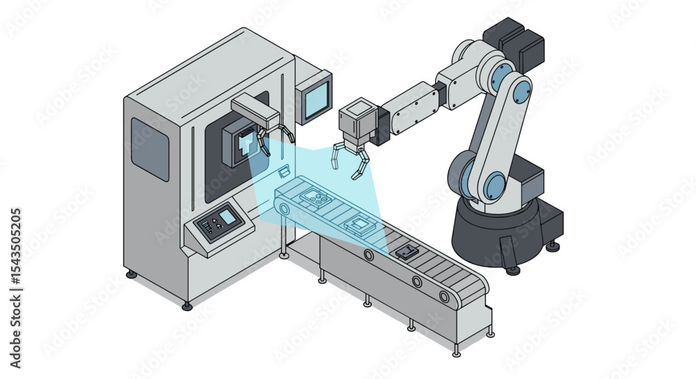 Poster automated robotic arm operating on a conveyor belt in industrial setup isometric style vector illust